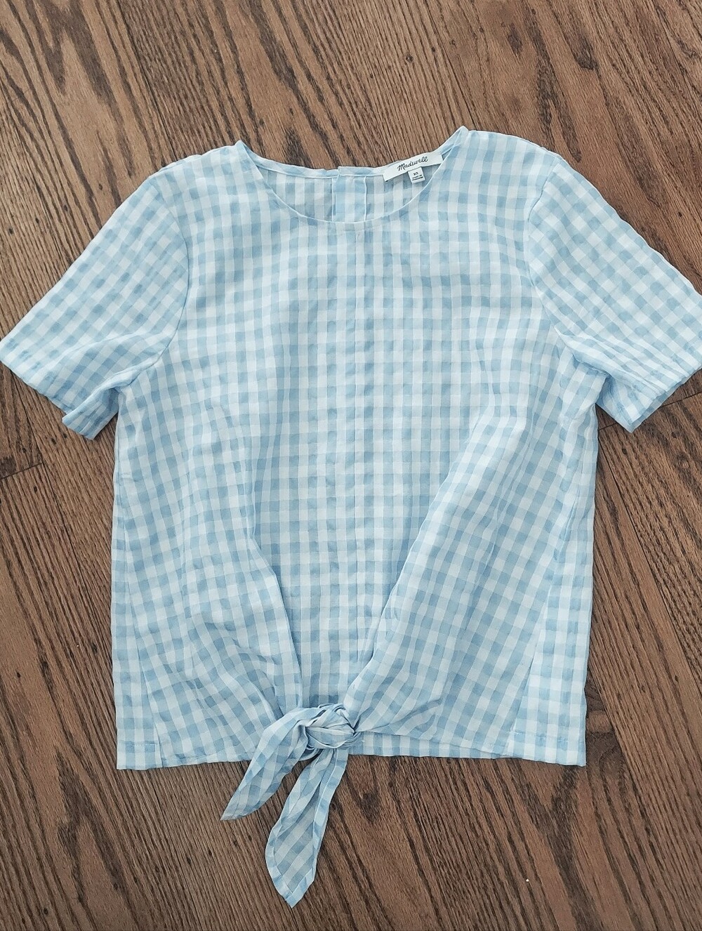 Like New Madewell Light Blue Gingham Top Tie Waist Button Back Pastel